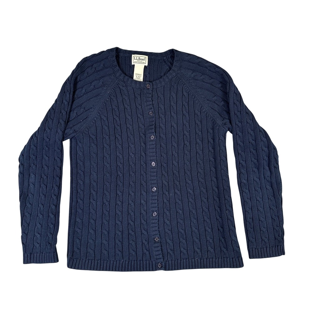 LL Bean Womens Navy Blue Cable Knit Cotton Cardigan Sweater OBUG5 M-REG